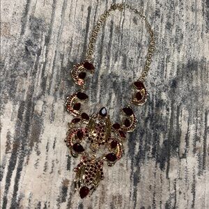 Ornate Gold Tone Ruby Red Crystal Statement Necklace | Regal Royal Gala